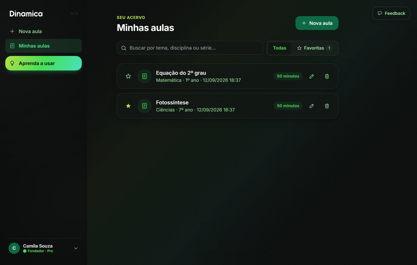 Tela Minhas aulas da Dinamica, listando o acervo de aulas já geradas