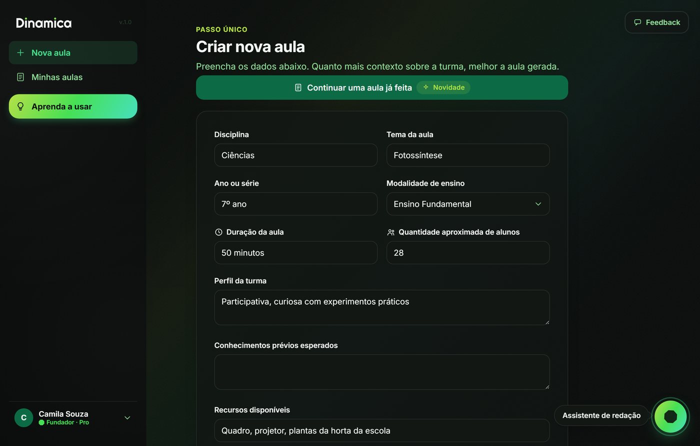Formulário de nova aula da Dinamica, com disciplina, tema, série e duração preenchidos