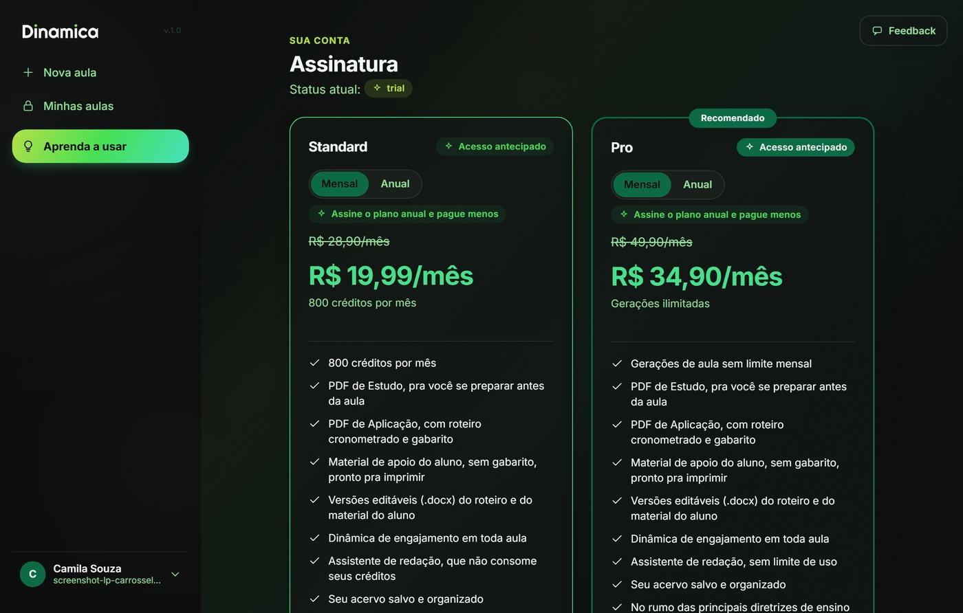 Tela de planos da Dinamica, com Standard e Pro lado a lado