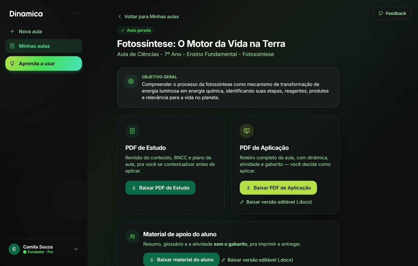 Tela de aula pronta da Dinamica, com os arquivos PDF de Estudo, PDF de Aplicação e material do aluno
